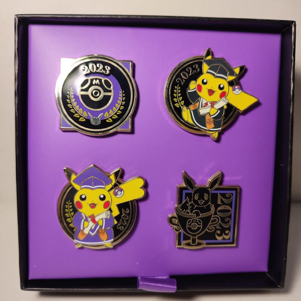 Pokemon TCG Pikachu & Eevee 2023 Graduation Hat And Enamel Pins Official Set